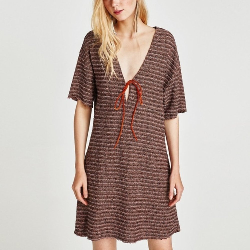 ZARA TRF Tweed Knit Striped Short Sleeve Mini Dress Women’s Small